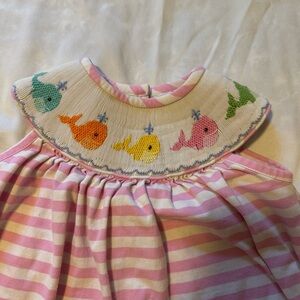 Vintage Delaney Pink Striped Kids Dress with Whale Design 12M